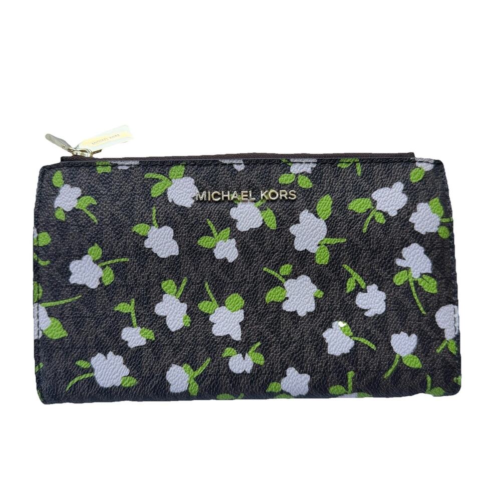 Michael Kors Brown Floral Printed Wallet Phone Pocket Jet Set Travel Double Zip